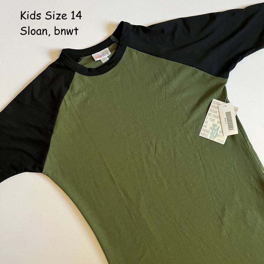 Size 14 Lularoe kids Sloan jersey top, olive body, black sleeves